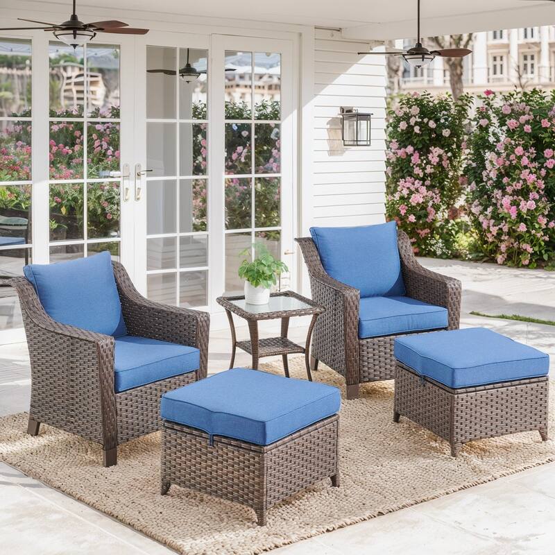 Patio Chairs and Ottomans with Coffee Table - Blue - Brown