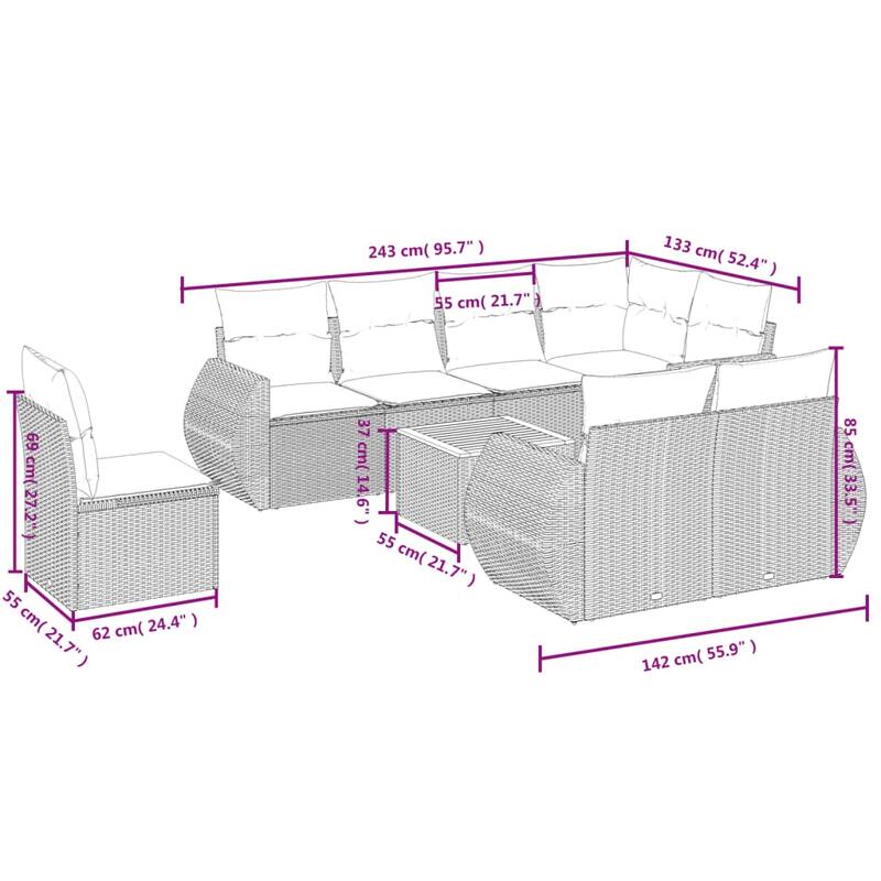 vidaXL 9 Piece Patio Sofa Set with Cushions Gray Poly Rattan