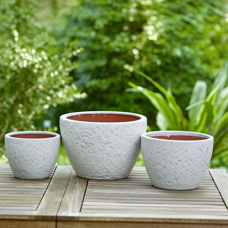 Planters Pottery Clay Modern Textured Round Design (Set of 3) - 15" x 15" x 10"