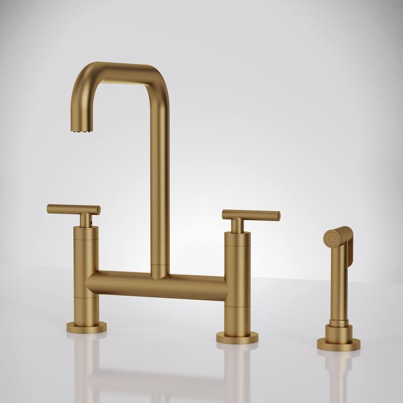 2-Handle Deck Mount Kitchen Faucet 2-Hole Bridge Kitchen Faucet with Side Sprayer - Brushed Gold