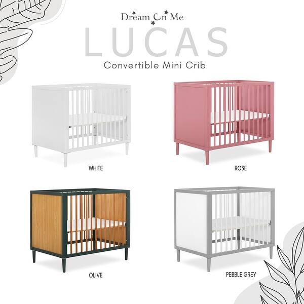 dimension image slide 2 of 3, Dream On Me Lucas Mini Modern Crib with Rounded Spindles in White