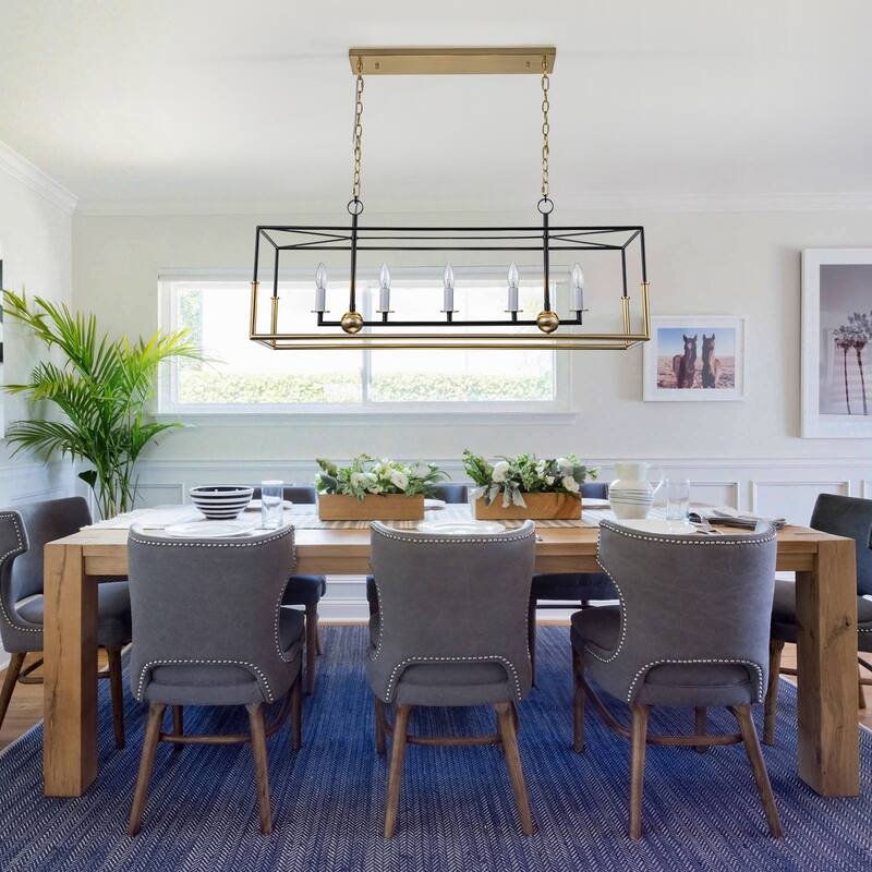 Geometric 5-Light Modern Black and Brass Rectangular Pendant Light for Dining Room