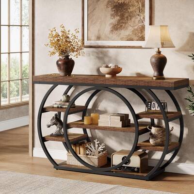 47 Inches Brown Engineered Wood Console Table, 5-Tier Industrial Entryway Table with Storage Shelves