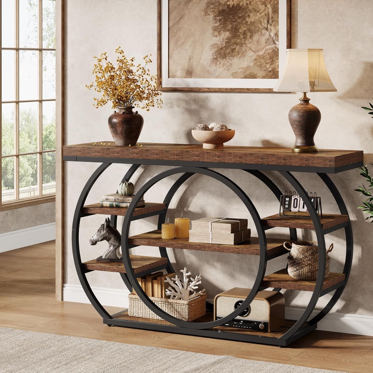 47-Inch Console Tables for Entryway, 5-Tier Industrial Metal and Wood Sofa Table with Storage Shelves