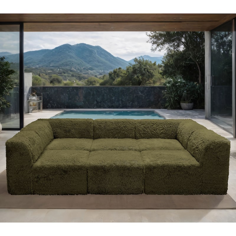 Furniture of America Ylena Modern 6-Piece Faux Fur Foam Modular Compressed Sofa Bed - Olive Green