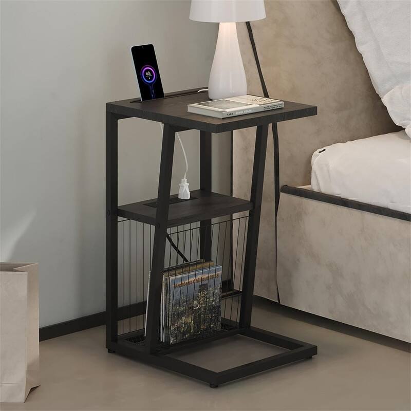 C Shaped Nightstand End Table - 11.8"D x 15.7"W x 24.02"H - Black