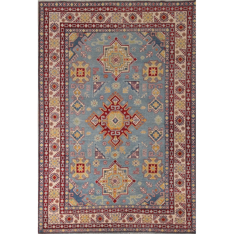 Light Blue Kazak Geometric Area Rug Wool Carpet - 6'7" x 9'10"