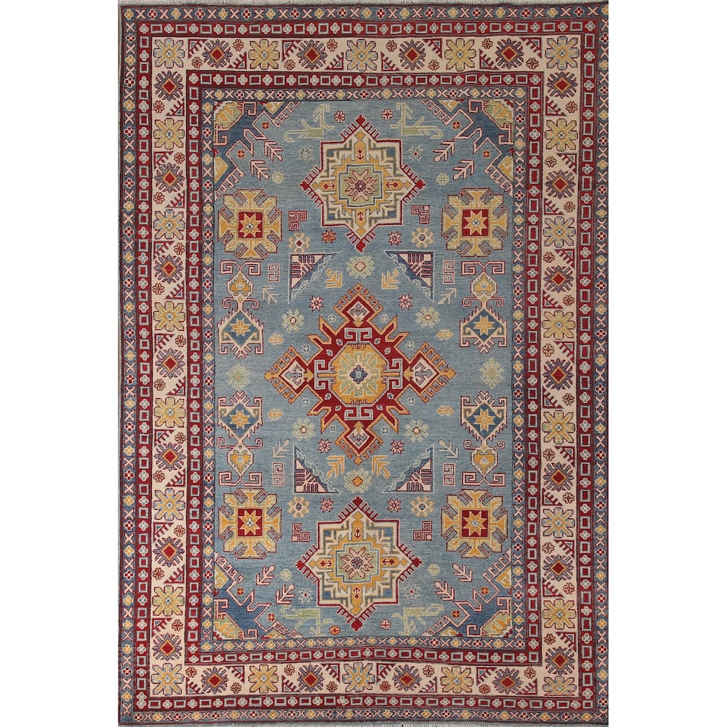Light Blue Kazak Geometric Area Rug Wool Carpet - 6'7" x 9'10"