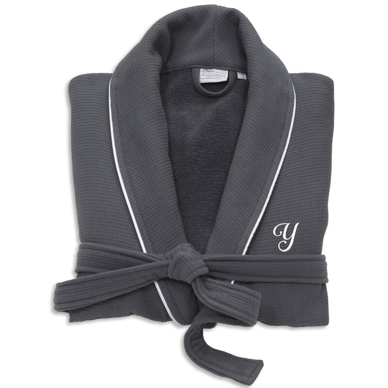 Authentic Hotel and Spa Dark Grey Unisex Turkish Cotton Waffle Weave Terry Bath Robe with White Script Monogram - Small/Medium - Y