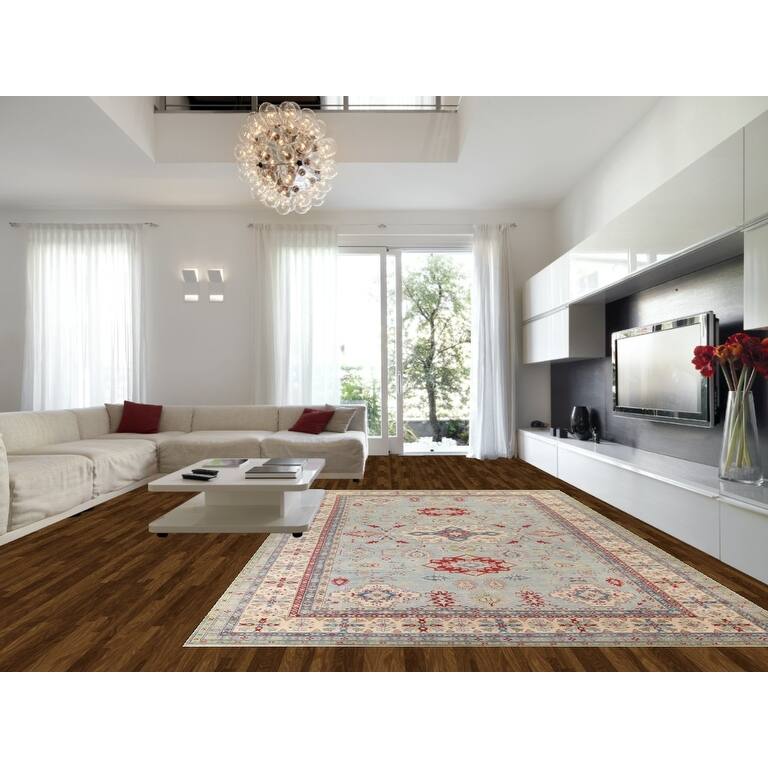 Hand Knotted Oriental 100% Wool Carpet Traditional Geometric Navy Blue & Blues Kazak Area Rug - 16' 3'' X 9' 9''