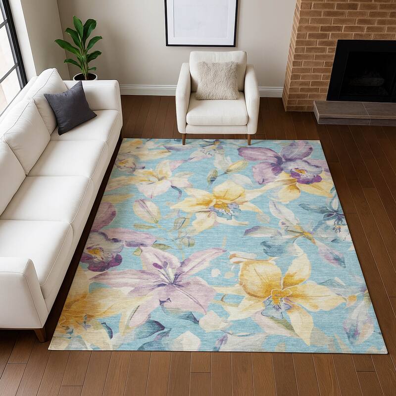 Machine Washable Indoor/ Outdoor Modern Floral Chantille Rug