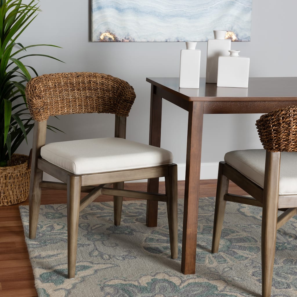 Chloe Modern Bohemian Walnut Brown Finished Mahogany Wood and Natural Rattan Dining Chair