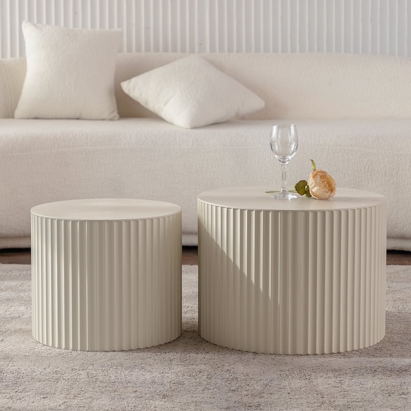 GDFStudio - Set of 2 Modern Wave Stripe Nesting Coffee Table Round Drum Accent Tables