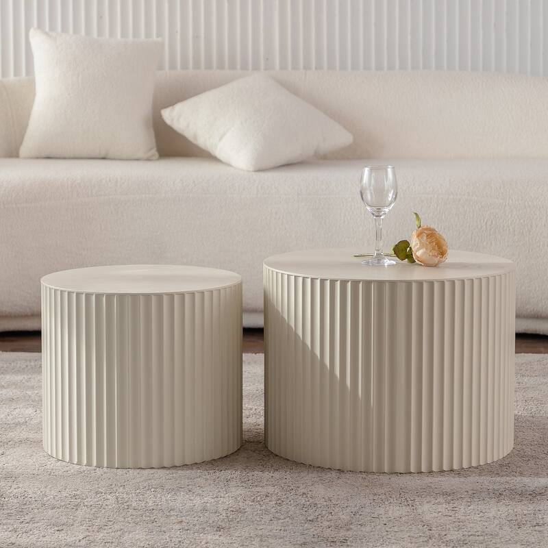 Modern Round Wood Coffee Table Stylish Coffee Table with Hand-Carved Relief and Base, for Living Room - Beige
