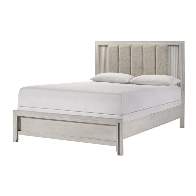 Queen Size Upholstered Bed with Plush Headboard in Mist White Finish - Antique White