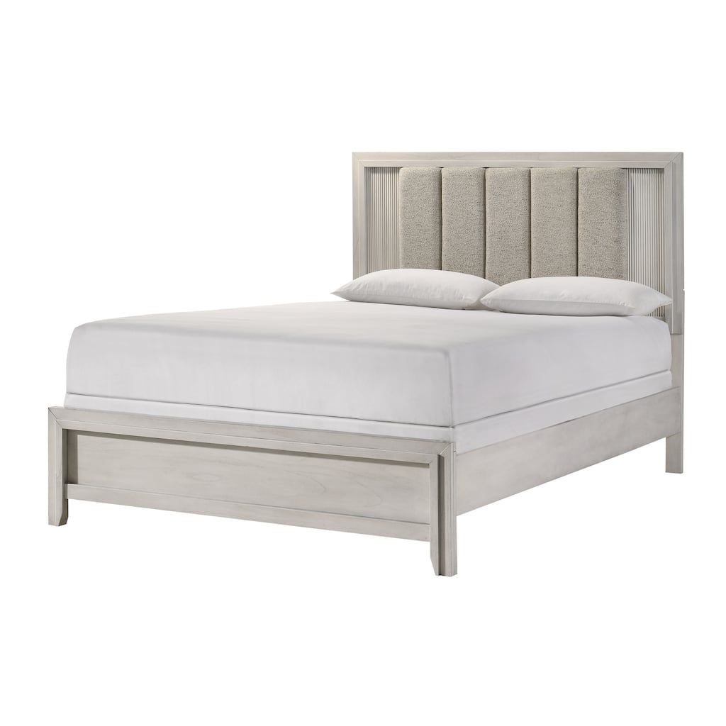 Queen Size Upholstered Bed with Plush Headboard in Mist White Finish