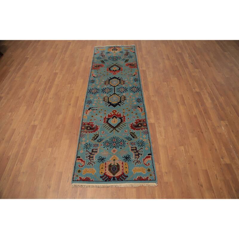Hand Knotted Oriental 100% Wool Carpet Transitional All-Over Navy Blue & Blues Oushak Runner Rug - 7' 10'' X 2' 5''