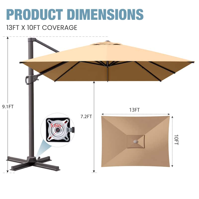 VredHom 10x13FT Patio Cantilever Umbrella Outdoor Offset Umbrella 360-Degree Rotation