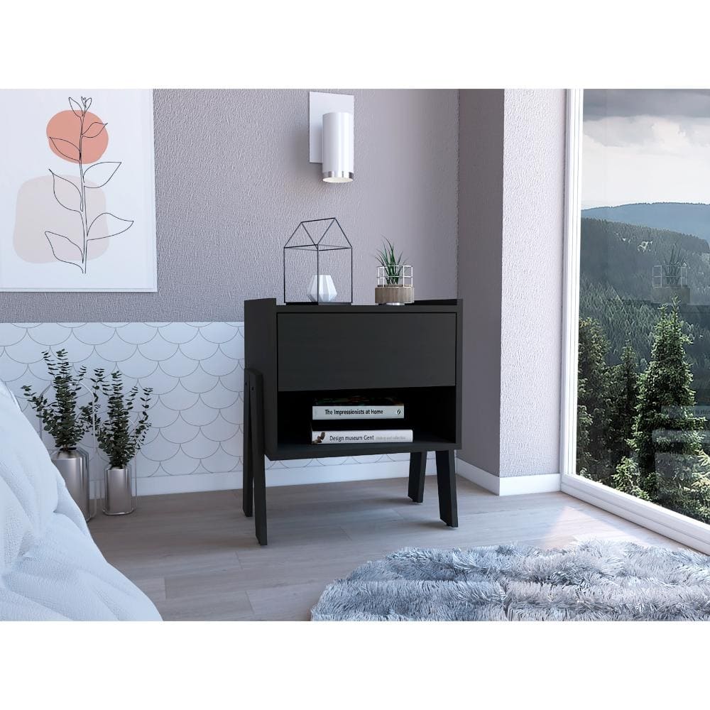 Black Nightstand with One Drawer and Open Shelf