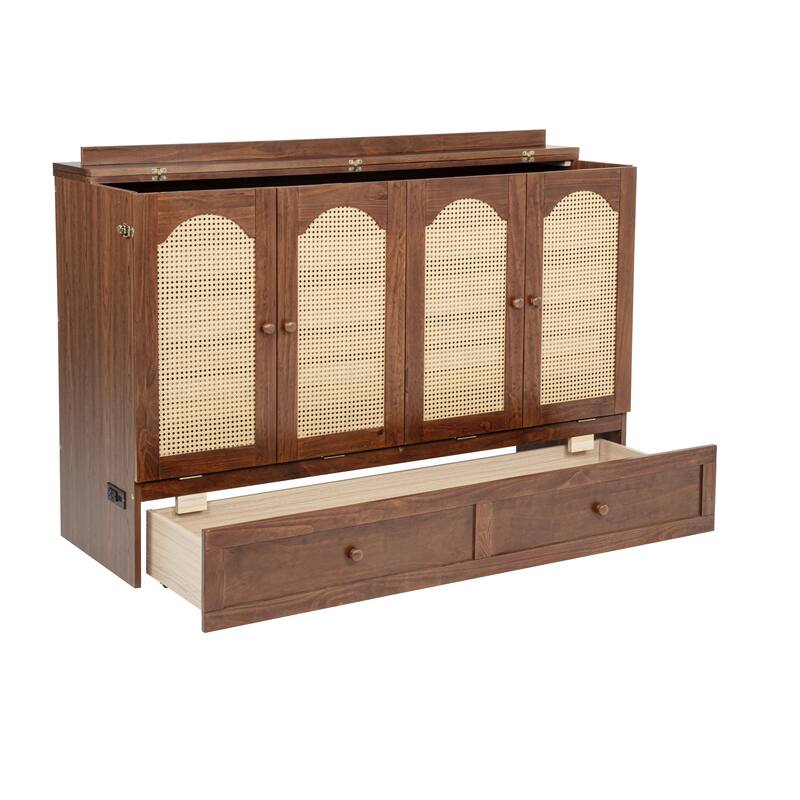 Queen Size Pine Wood Murphy Cabinet Bed with Power Station and Rattan Panel