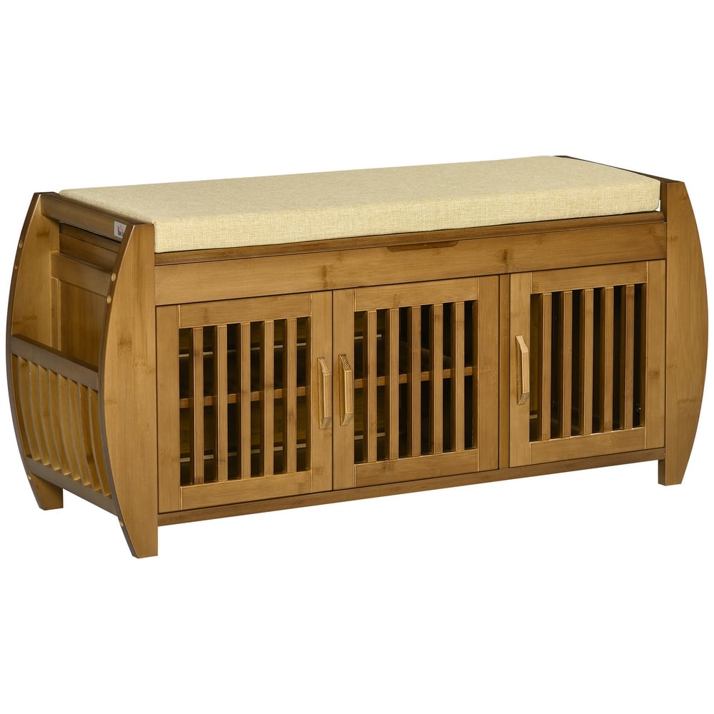 Shoe Bench with Storage Cabinets, Bamboo Entryway Bench with Seating Cushion, 3 Doors, Side Rack and Hidden Compartment
