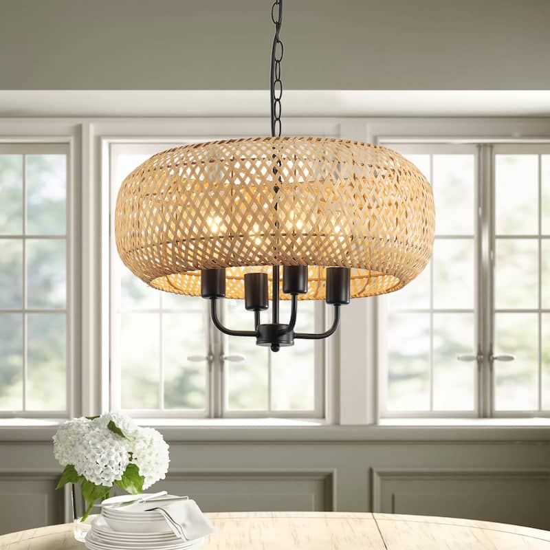 Farmhouse 4-Light Hand-Woven Natural Bamboo Pendant Light
