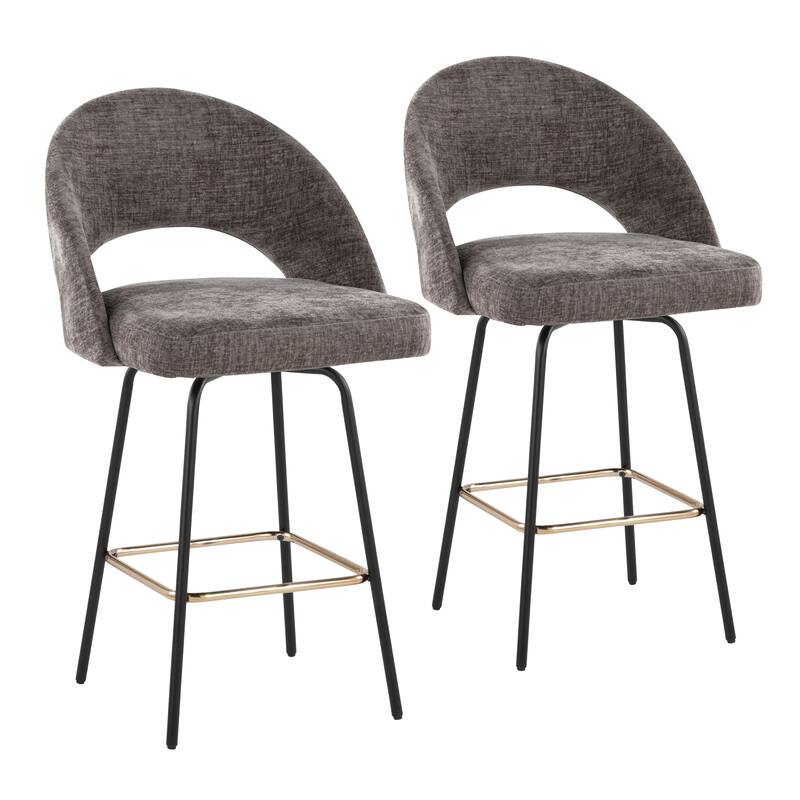 Porch & Den Vika Upholstered 26" Counter Stool with Metal Legs & Square Footrest (Set of 2) - Grey Fabric