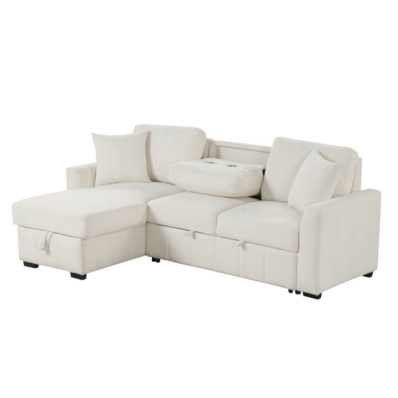 Roomfitters 90" L-Shaped Sectional Sleeper Sofa with Storage Chaise and Pull Out Bed, Fold Down Cup Holder Table
