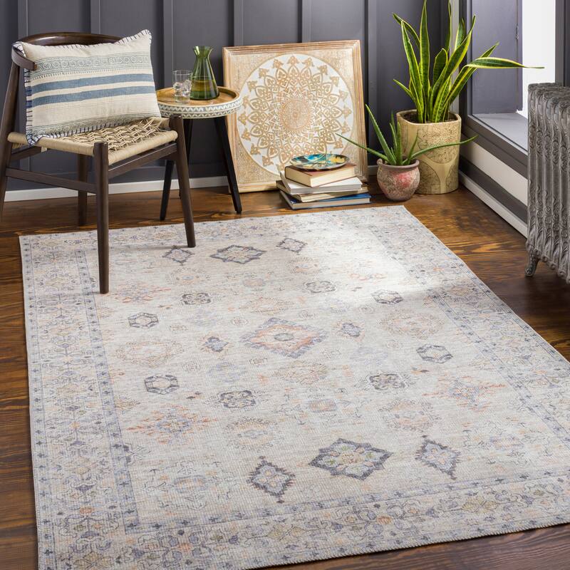 Livabliss Vita Traditional Medallion Machine Washable Area Rug - Beige/Blue - 5' 3" x 7'
