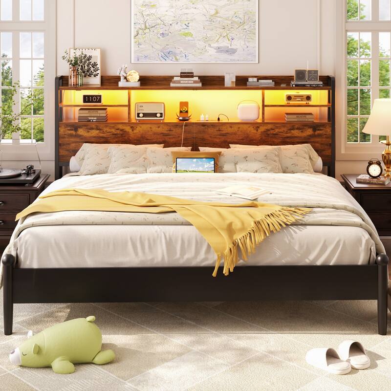 Storage Headboard with USB Port and Power Outlet, Head Board with LED Light for Bed Frame
