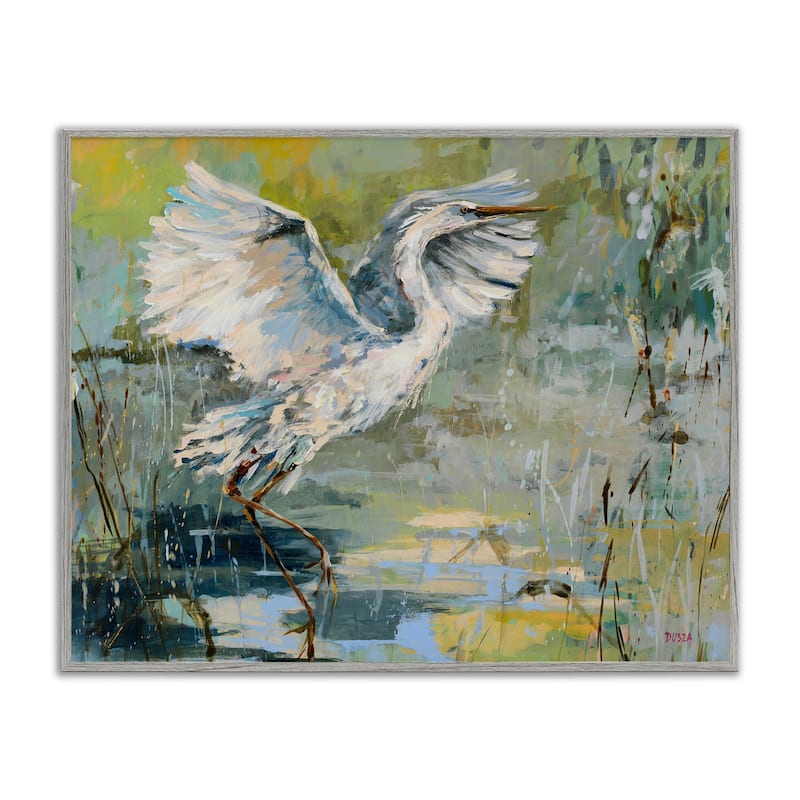Stupell Radiant Crane at Pond Framed Giclee Art Design By Dusza - 30 x 24 - Grey
