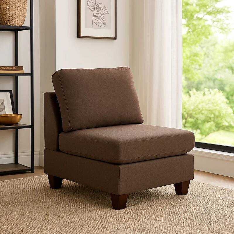 Remy 32 Inch Modular Armless Sofa Chair, Soft Brown Chenille, Solid Wood