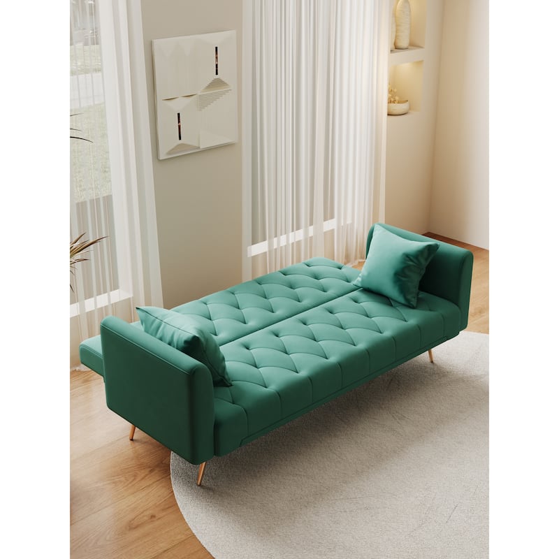 Velvet Loveseat Sofa Adjustable Backrest Sleeper Sofa Bed with 2 Pillow Upholstered Deep Seat Sofa, Tufted Couch
