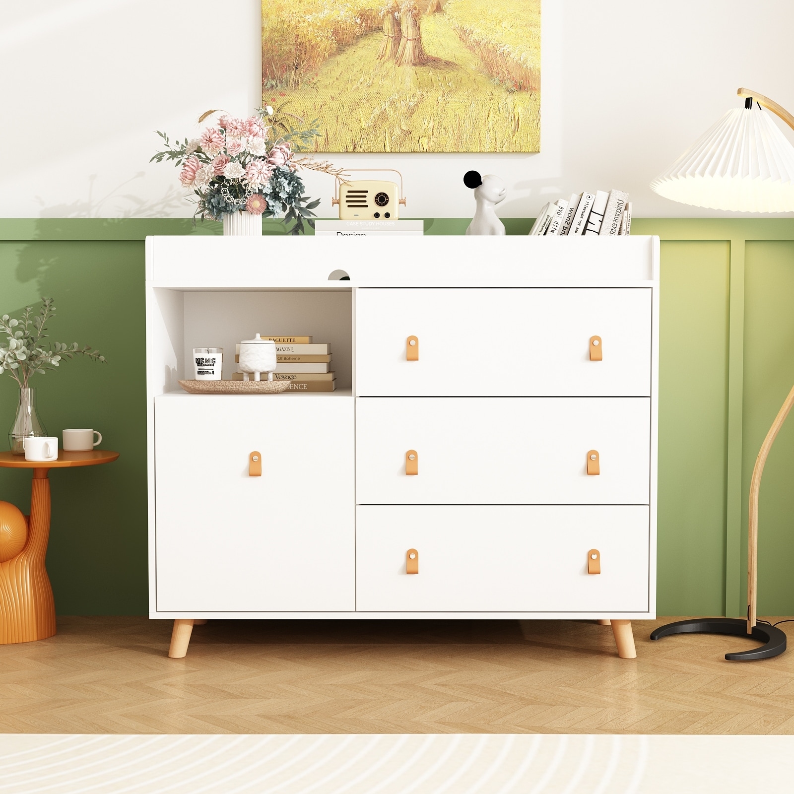 Baby Changing Table Dresser with 4 Drawers Shelf Hidden Trash Storage White 4 drawer