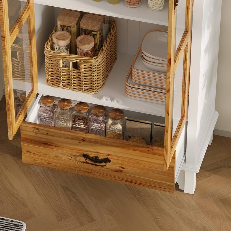 Oak Finish Fir Wood Wooden Curio Cabinet Display Storage Case Bathroom Cabinet Bookcase - 70.9"Hx31.5"W