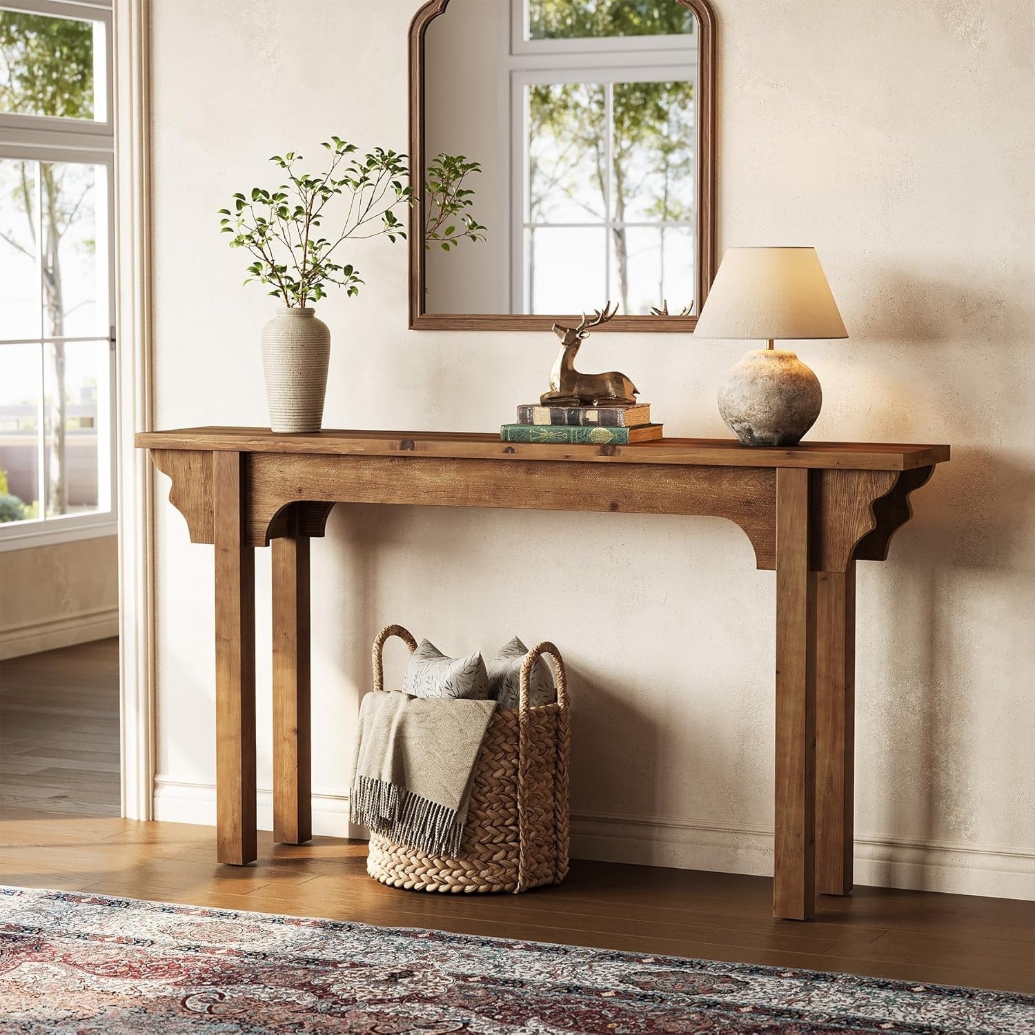 63" Solid Wood Console Table, Mid-Century Modern Entryway Table for Living Room, Entrance, Hallway, Foyer
