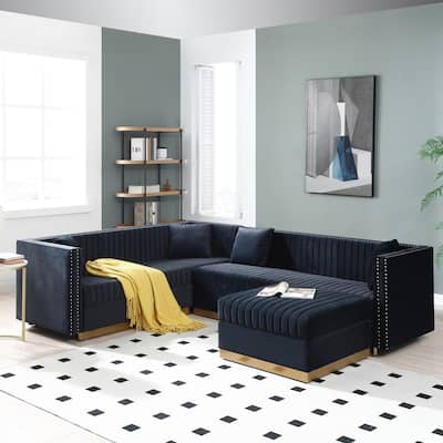 Vertical Channel Tufted Velvet Sectional Sofa, L-Shaped Upholstered Corner Couch with Ottoman and 4 Pillows, Nailhead Trimming