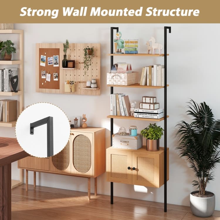 Natural Engineered Wood Ladder Bookshelf with Metal Frame and Rattan Doors - 23.5" x 12.5" x 72.5"