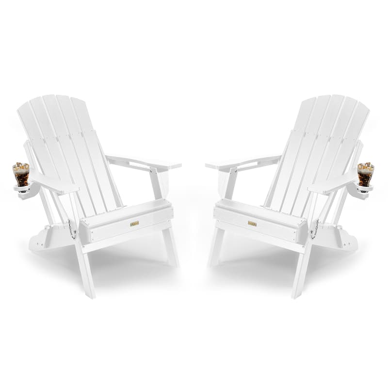 WINSOON All Weather HDPE Outdoor Folding Adirondack Chair With Cup Holder,Set of 2 - White