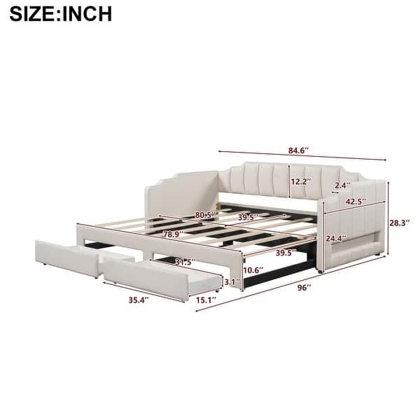 dimension image slide 1 of 2, Extendable Upholstered Daybed with Storage Drawers & LED Light
