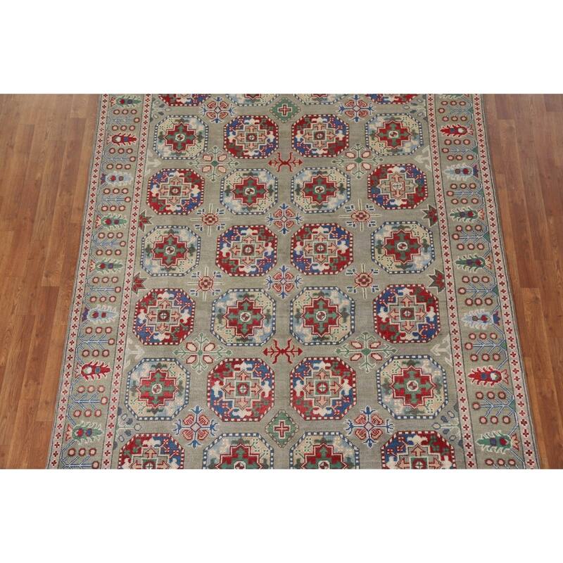 Hand Knotted Oriental 100% Wool Carpet Traditional All-Over Green Kazak Area Rug - 9' 10'' X 6' 7''