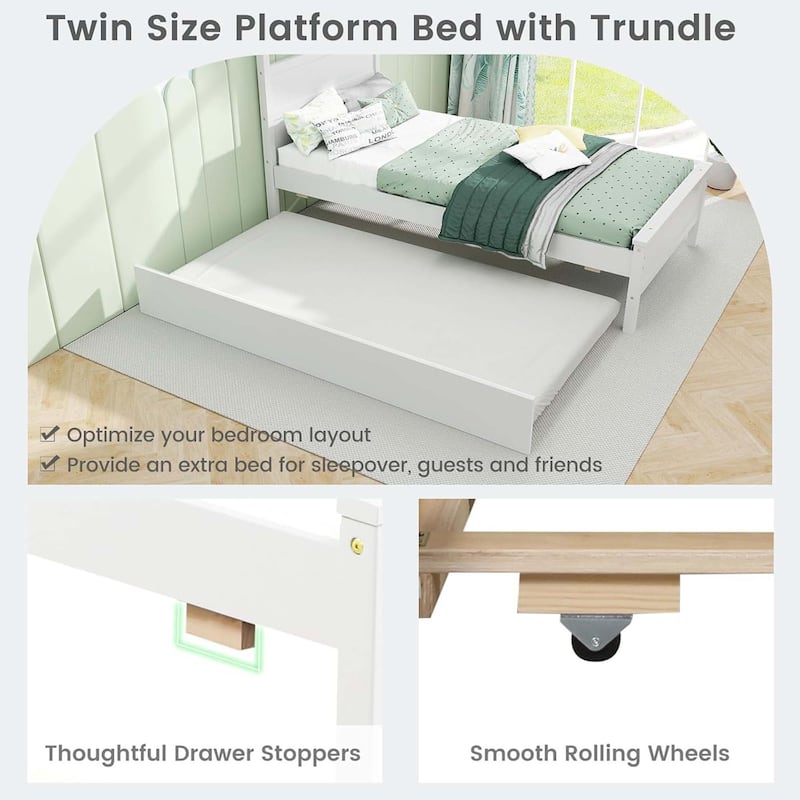Trundle Bed Twin Wood Day Bed Frame w/Headboard Twin Bed