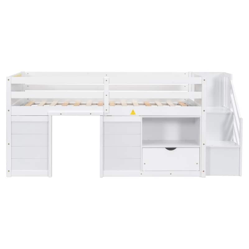 Solid Wood Twin Low Loft Bed with Storage Drawer and Stair for Kids' Rooms