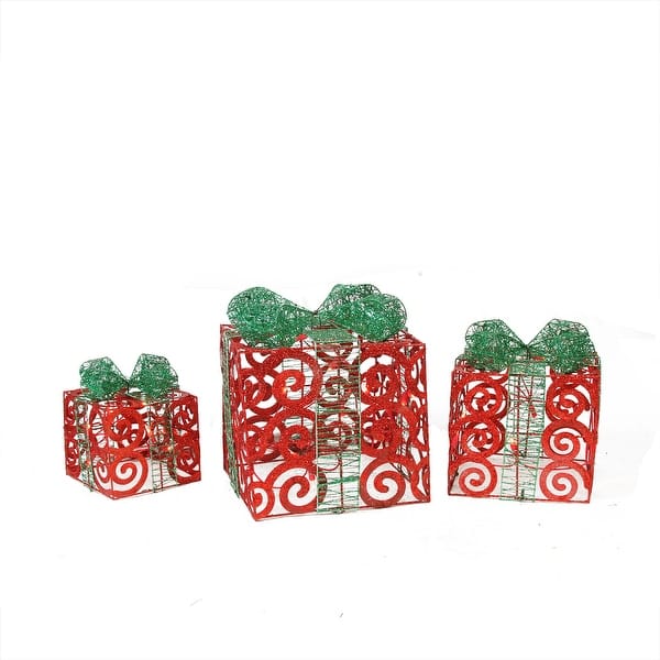 Shop Set Of 3 Lighted Sparkling Red Swirl Glitter Gift Boxes