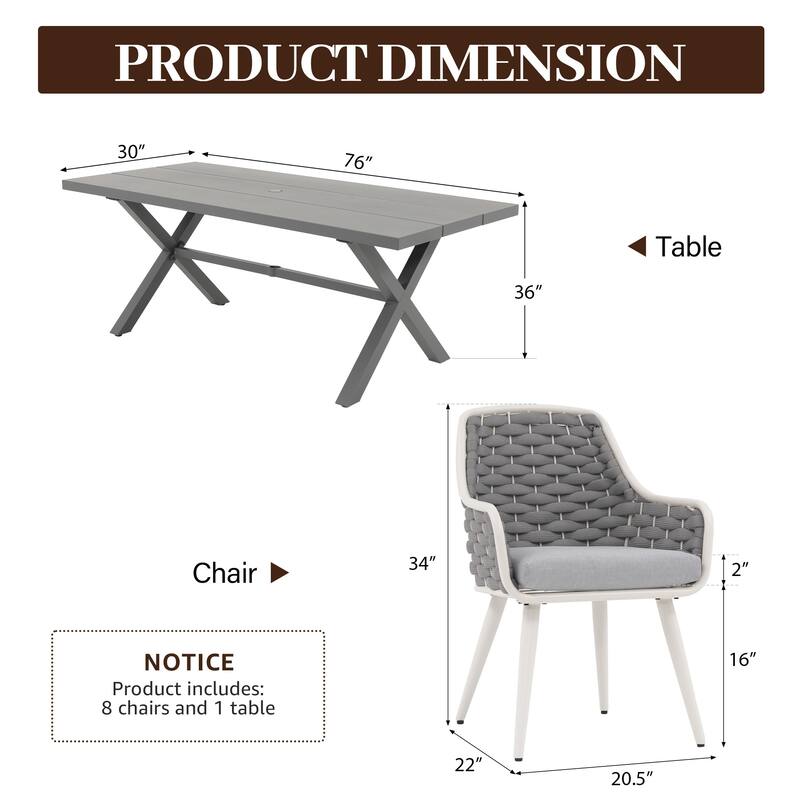 Outdoor Patio Dining Sets with Handwoven Rope Chairs and X-leg Aluminum Dining Table for 8 Persons