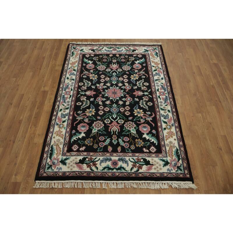 Hand Knotted Oriental 100% Wool Carpet Traditional All-Over Black Agra Area Rug - 6' 1'' X 4' 2''