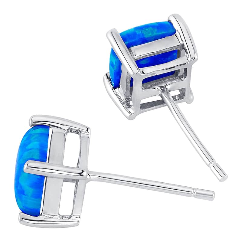14k White Gold Blue Opal Stud Earrings 1 ct Cushion Shape