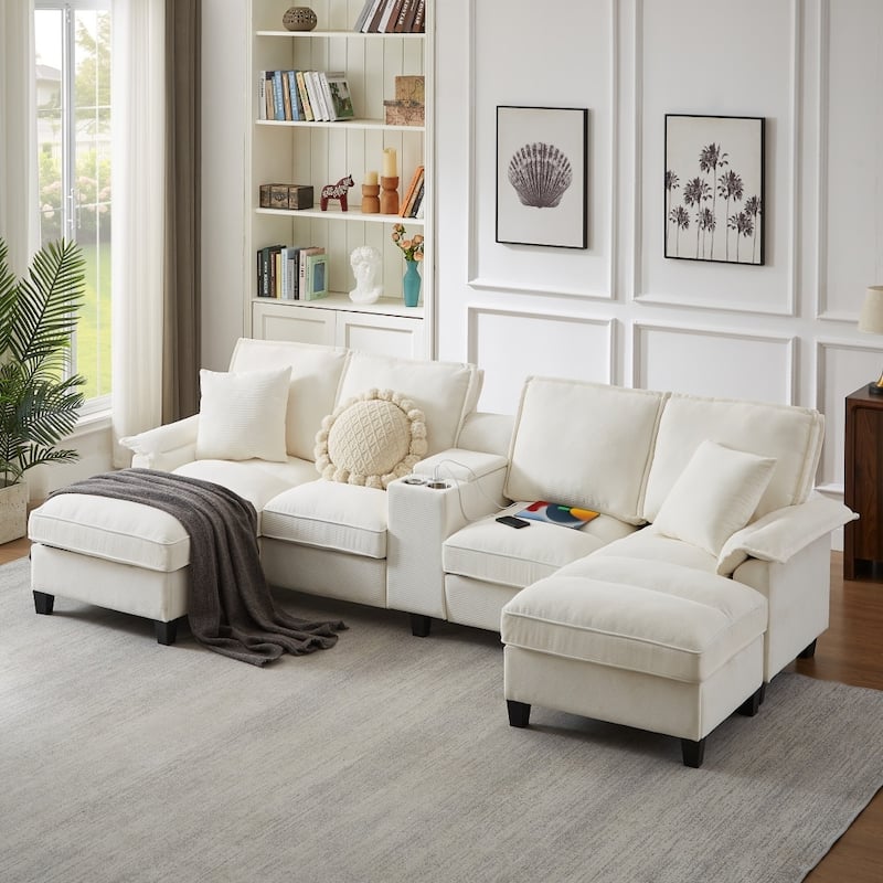 121.2" Modular Corduroy Sectional Sofa with Storage Console and Chaise Footrests