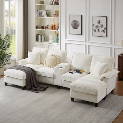 121.2" Modular Corduroy Sectional Sofa with Storage Console and Chaise Footrests