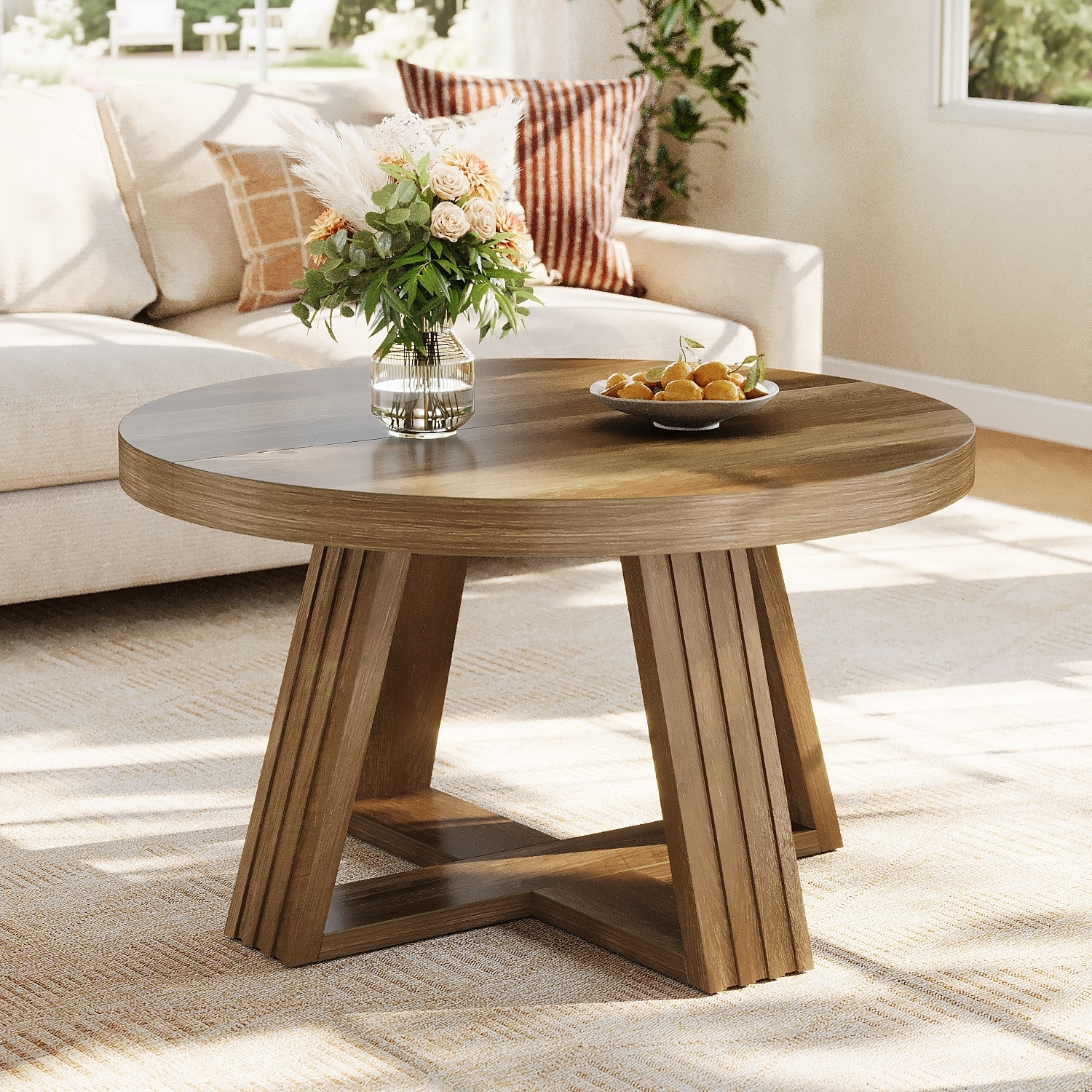31.5 Inch Farmhouse Round Coffee Table with Thickened Cross-Shaped Wood Frame - 31.50" L x 31.50" W x 17.72" H